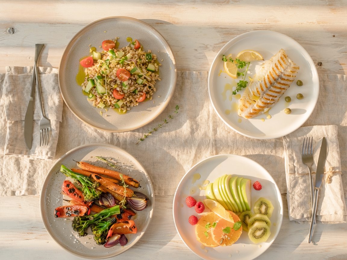 Several small healthy dishes on a light wooden table — grain salad, grilled fish, roasted vegetables, and fresh fruit