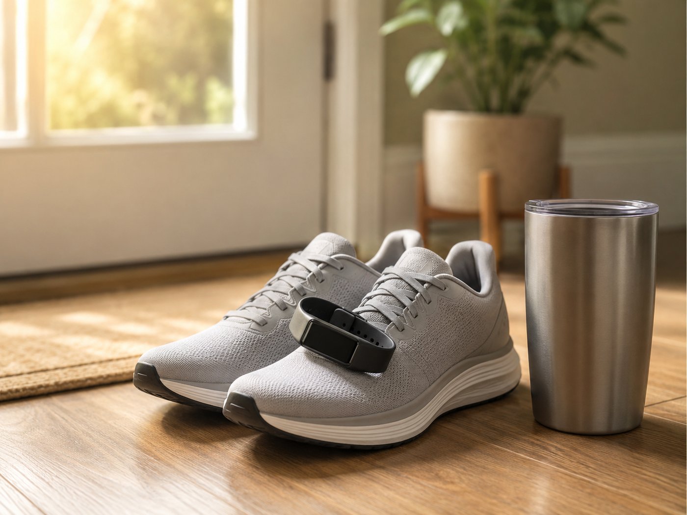 Clean light-grey running shoes by a bright home entryway, with a fitness band and a stainless tumbler