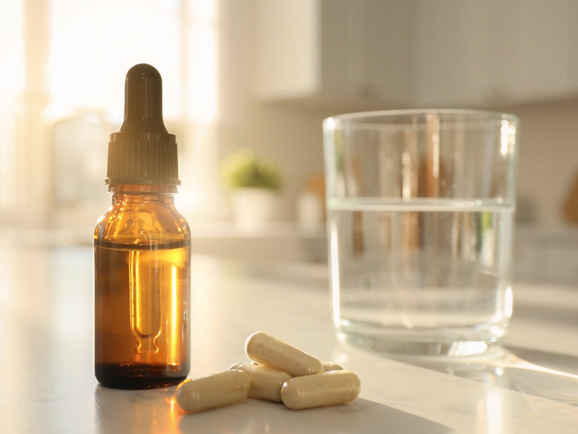 An amber glass bottle and supplement capsules beside a glass of water in soft morning light