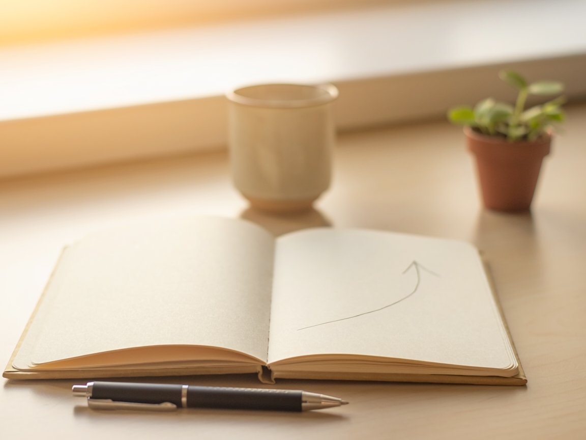 An open notebook with a hand-drawn upward curve and a pen, in warm window light